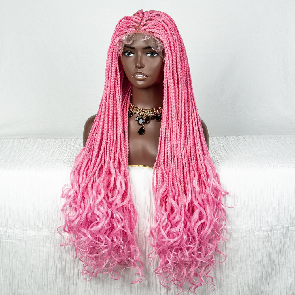 36" Water Wave Braided Wig | Lace Front | Baby Hair | Long Braids